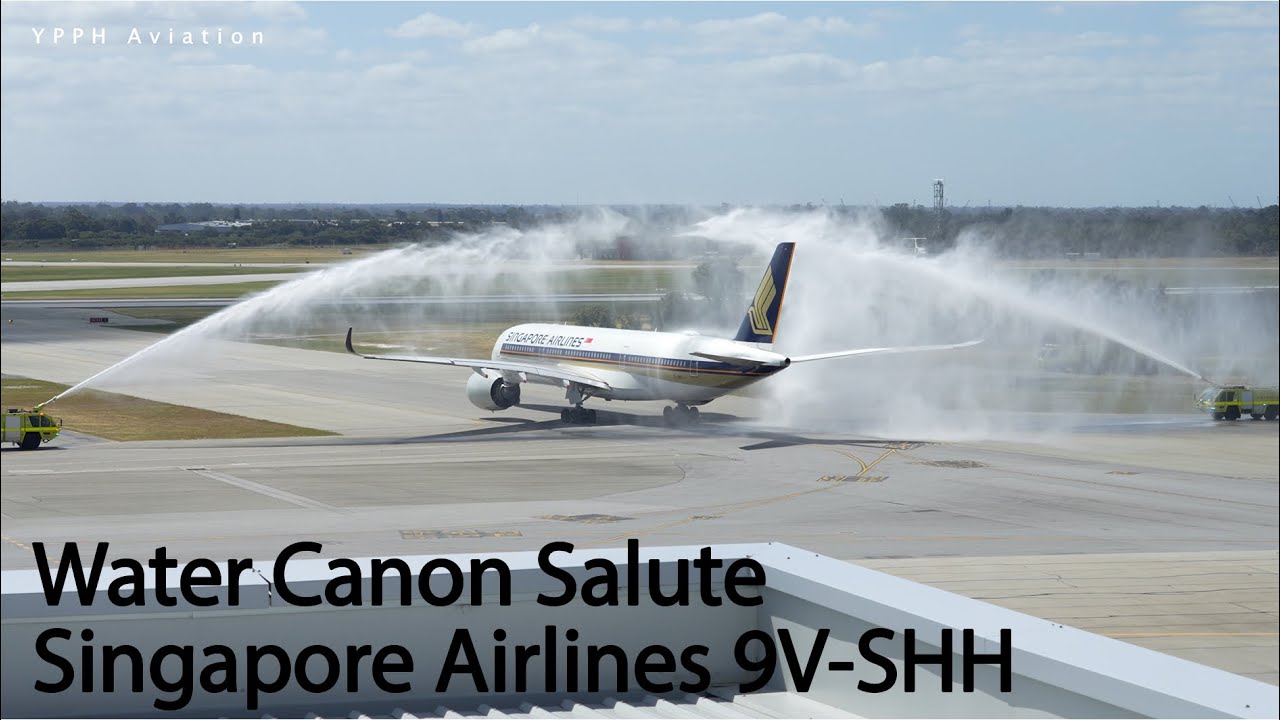 Water canon salute - Singapore Airlines (9V-SHH) receives a water canon salute at Perth Airport.