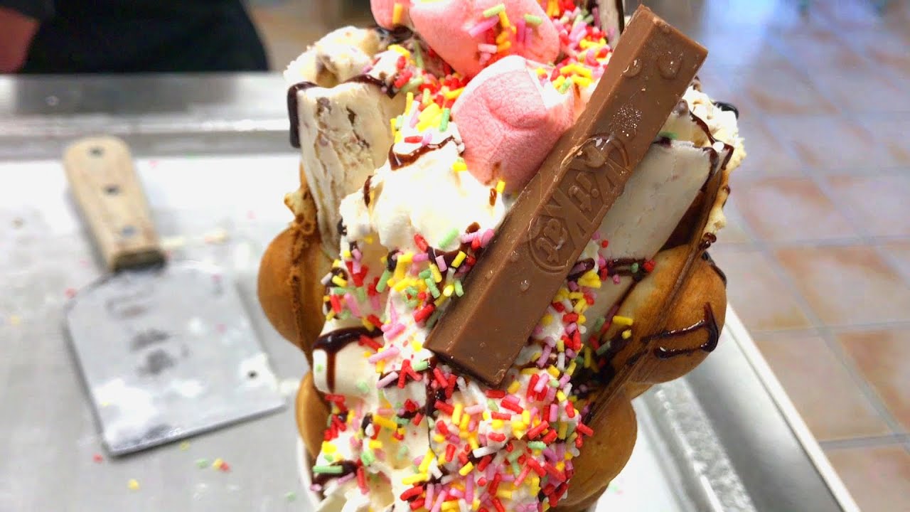 Ice Cream Rolls - Ibiza Bubble Waffle | with Egg Waffle, KitKat, Chocolate & Marshmallow Street Food