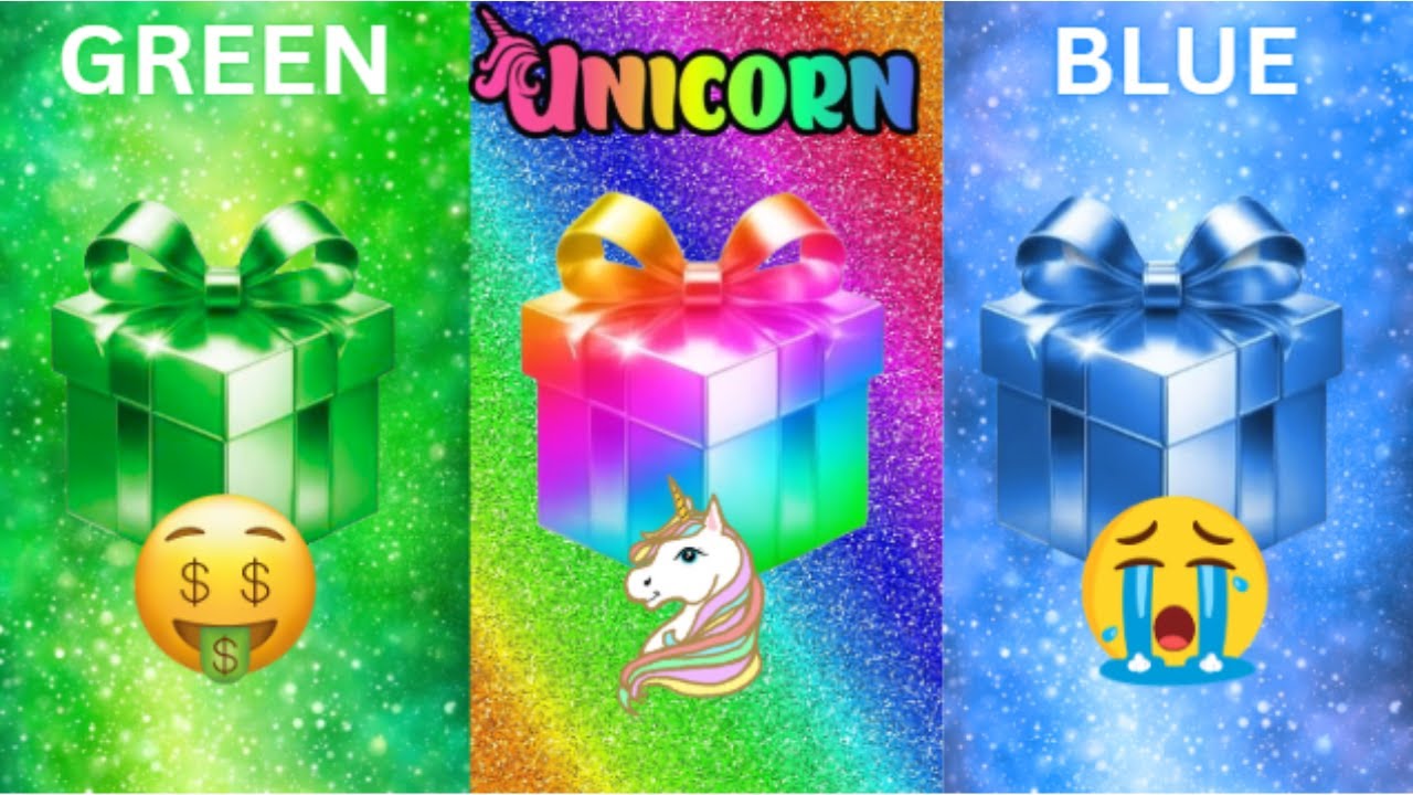Choose your gift 🎁🤮 3 gift box challenge 2 good & 1 bad | Green, Unicorn & Blue #chooseyourbox #quiz