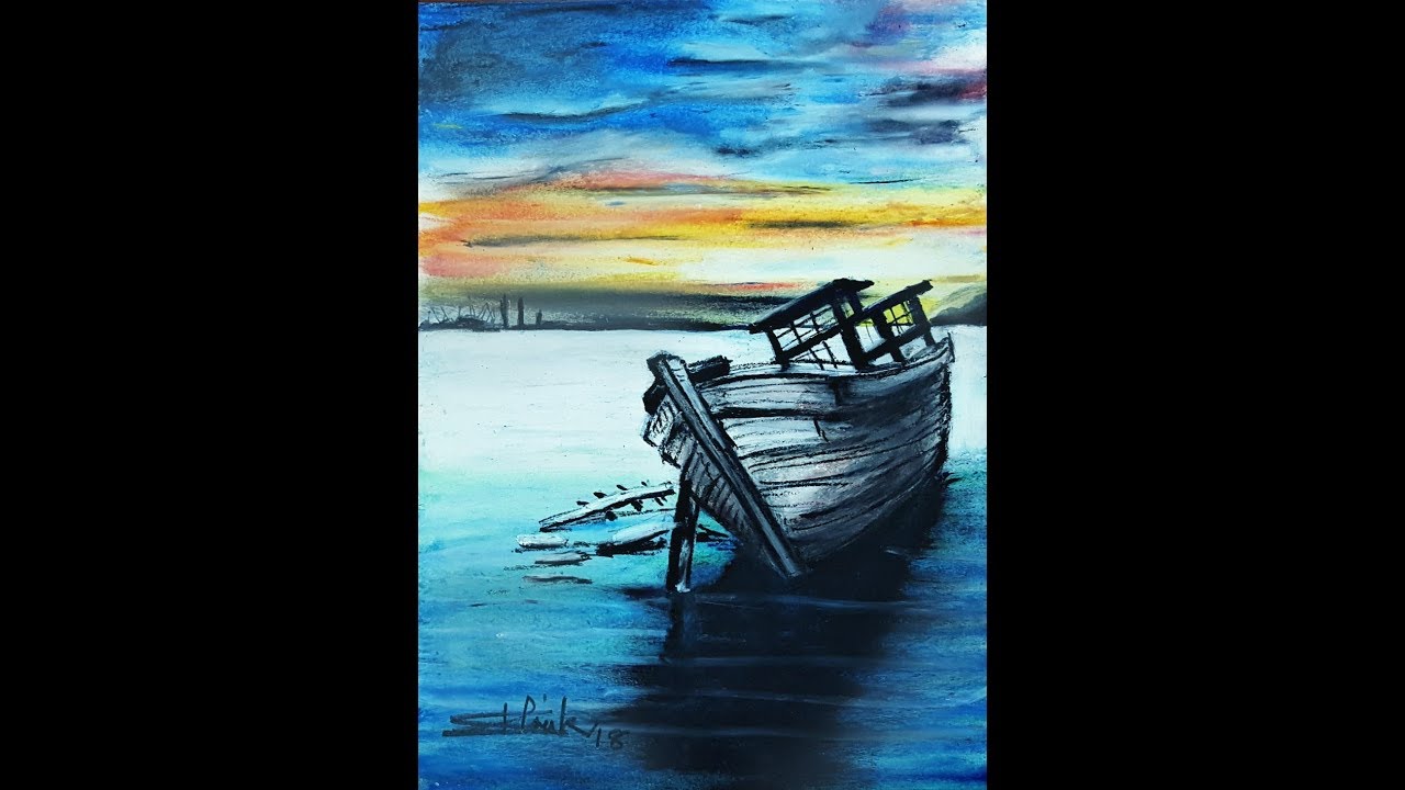 Drawing a Landscape of Broken Boat in Sunrise with oil pastel step by step for beginners
