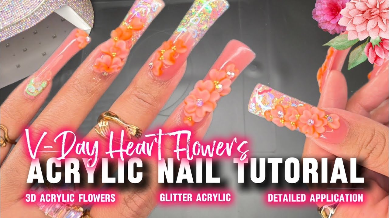 V-DAY HEART FLOWER ACRYLIC NAIL TUTORIAL 💖 *Detailed Application* 3D Acrylic Flowers & Duck Nails