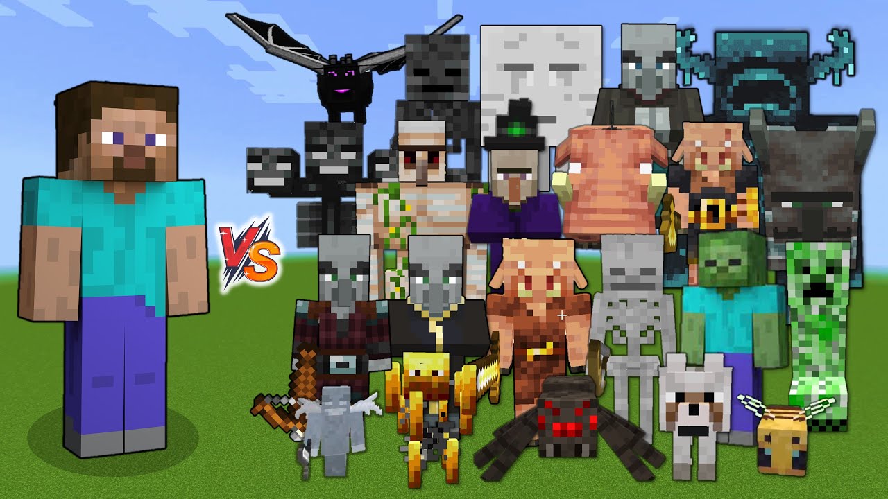 Steve vs Every mob in Minecraft (Bedrock Edition) - ME vs All Mobs (No Armor, No weapons)