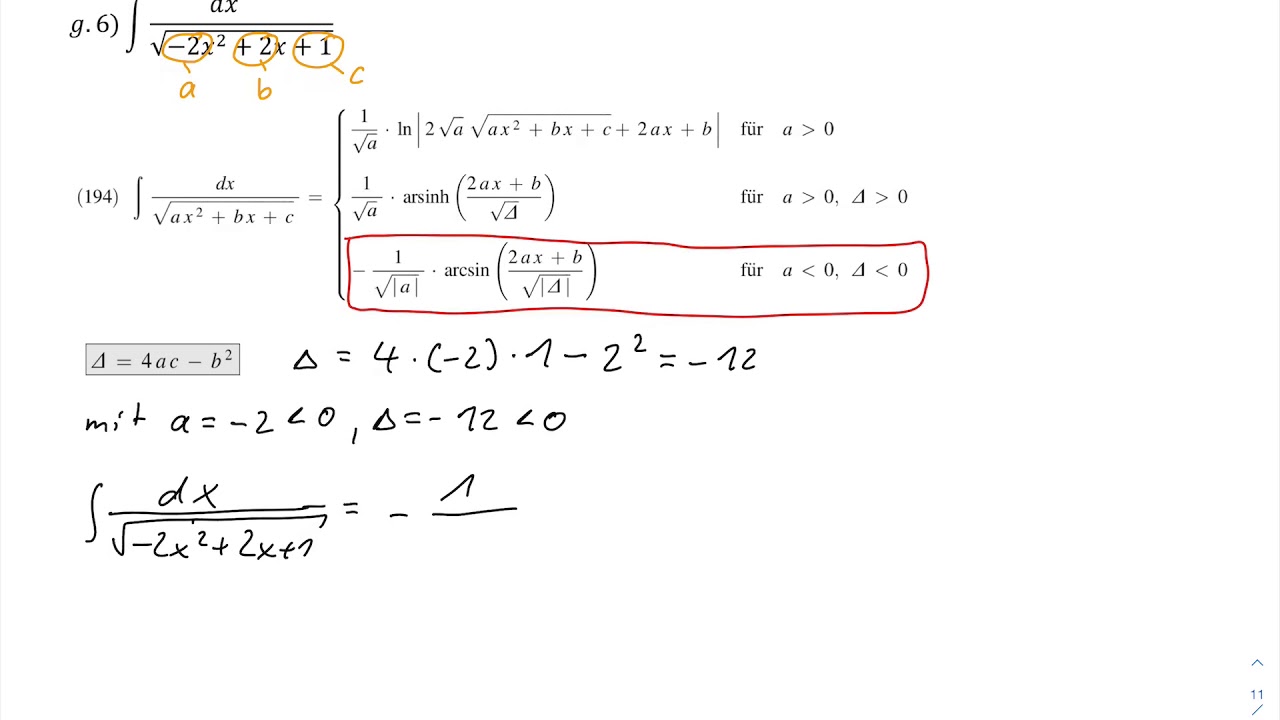 Übungsblatt2 Aufgaben g - Integration mit Hilfe von Integraltafeln