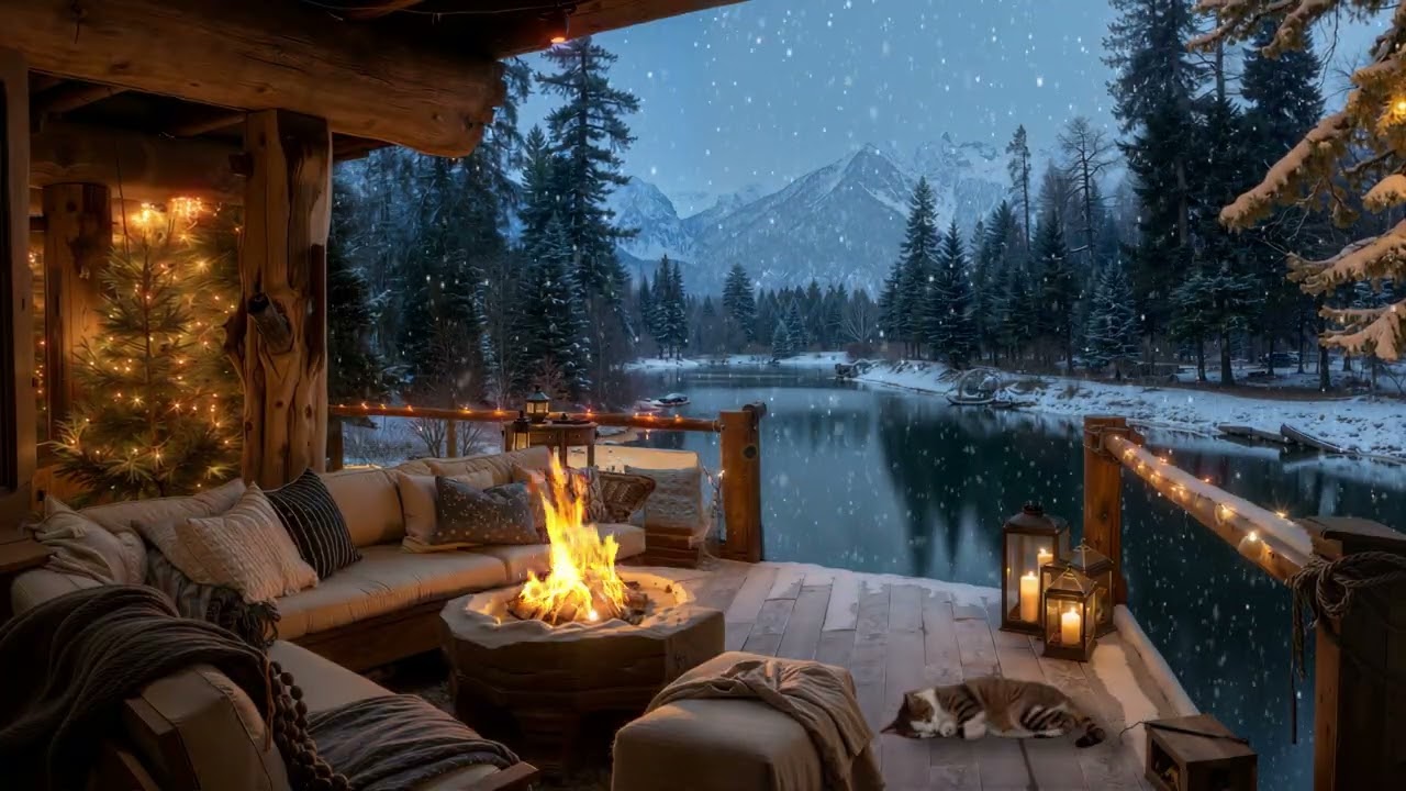 Winter Early Morning Crackling Firepit & Snowfall by the Riverside Porch ✨ Relaxing Piano