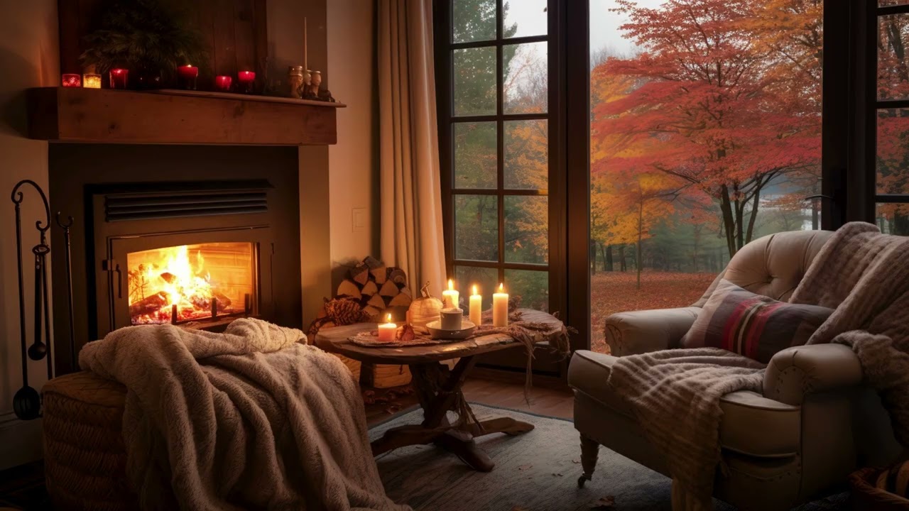 Autumn Reflections | Relaxing Piano Music & Serene Window View With Falling Leaves Book Coffee