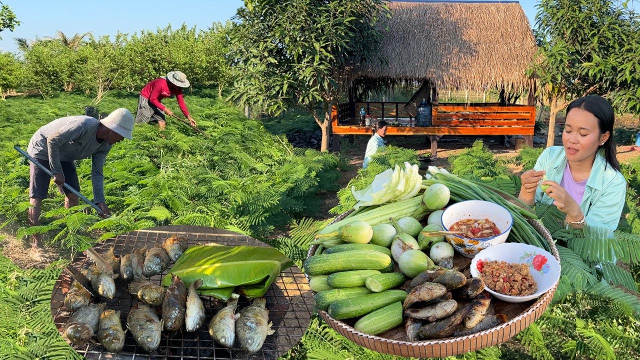ម្ហូបឆ្ងាញ់បែបស្រុកស្រែ ត្រីក្រាញ់អាំង ប្រហុកចញ្ច្រាំអាំង បន្លែធម្មជាតិ ឆ្ងាញ់ណាស់