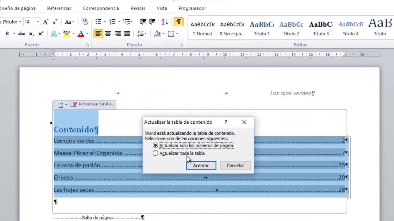 Encabezados distintos y tabla contenido (índices)