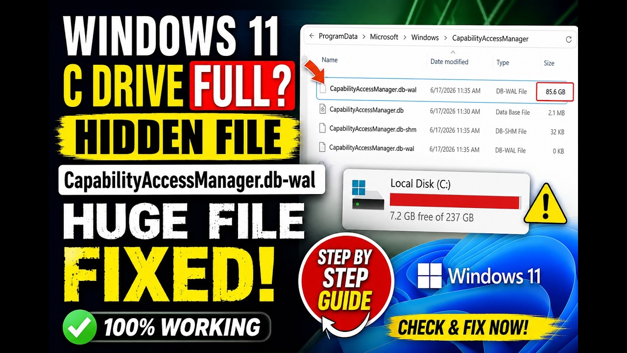 Windows 11 C Drive Full Fix | CapabilityAccessManager.db-wal Huge Hidden File