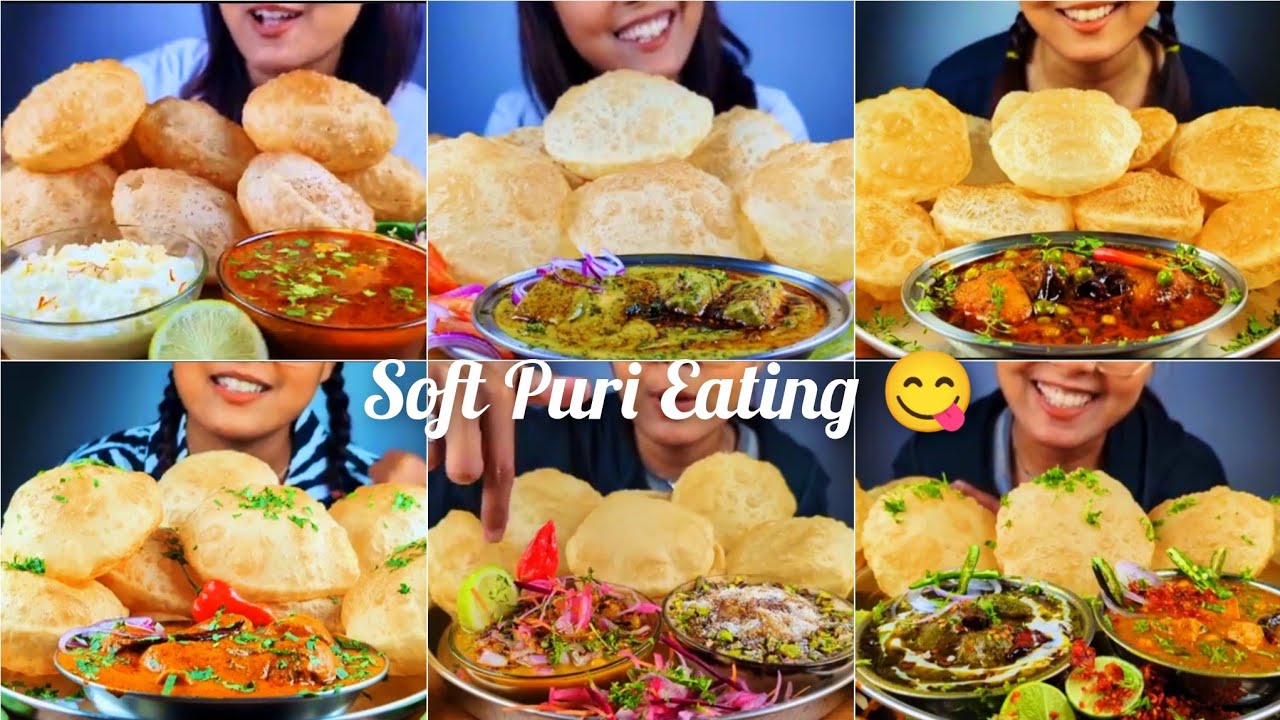 ASMR DIKSHA PATGIRI EATING SOFT PURI/LUCHI ALOO DAM PALAK PANEER ALOO MATAR KHEER😋| food compilation