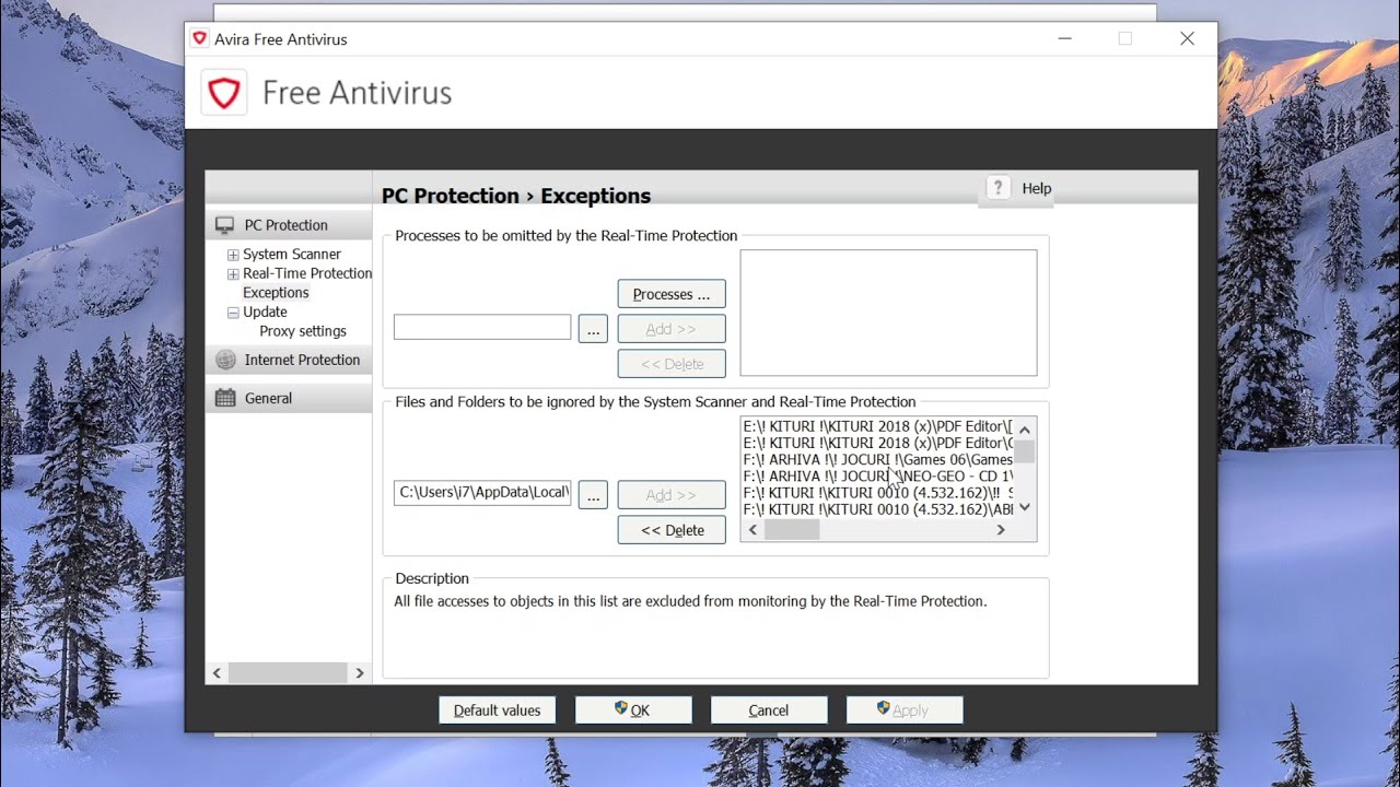 How to manually add files of folders to Avira antivirus exclusion list