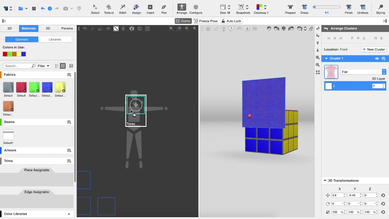 Arranging and stitches pattern pieces on a cube avatar