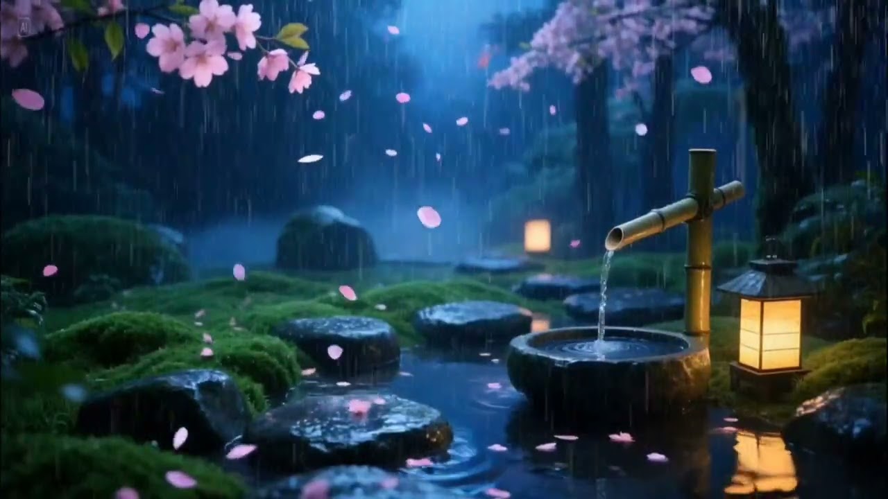 Soft Midnight Rain and Relaxing Piano in a Zen Garden | Calm Deep Sleep