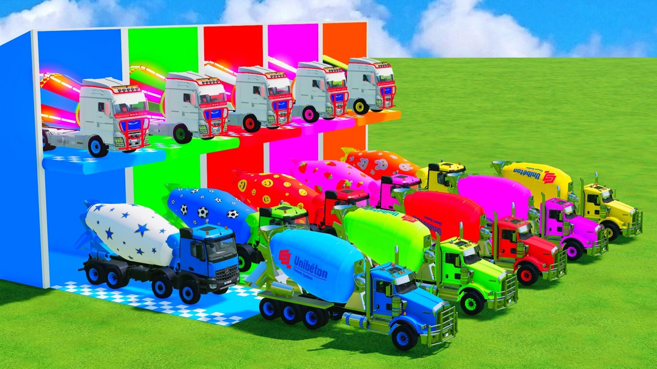 Garage with Colors - ALL MIXER TRUCK WITH DOUBLE FLATBED TRAILER TRUCK, VOLVO, SCANIA, PETERBILT
