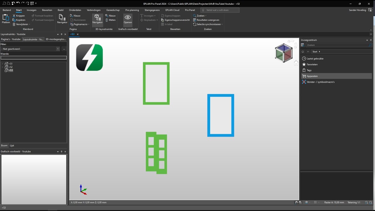 Montageraster-snap, montageoppervlak-snap en direct activeren met EPLAN Pro Panel