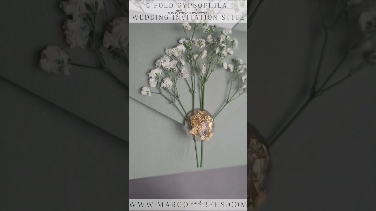 Luxury Sage Green Gold Wedding Invitations &ndash; Elegant 3-Fold Garden Wedding Suite with Baby&rsquo;s Breath