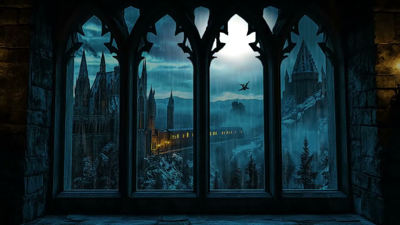 Quiet Rain Falling on Hogwarts Castle Window, Relaxing Night Ambience for Sleep and Rest