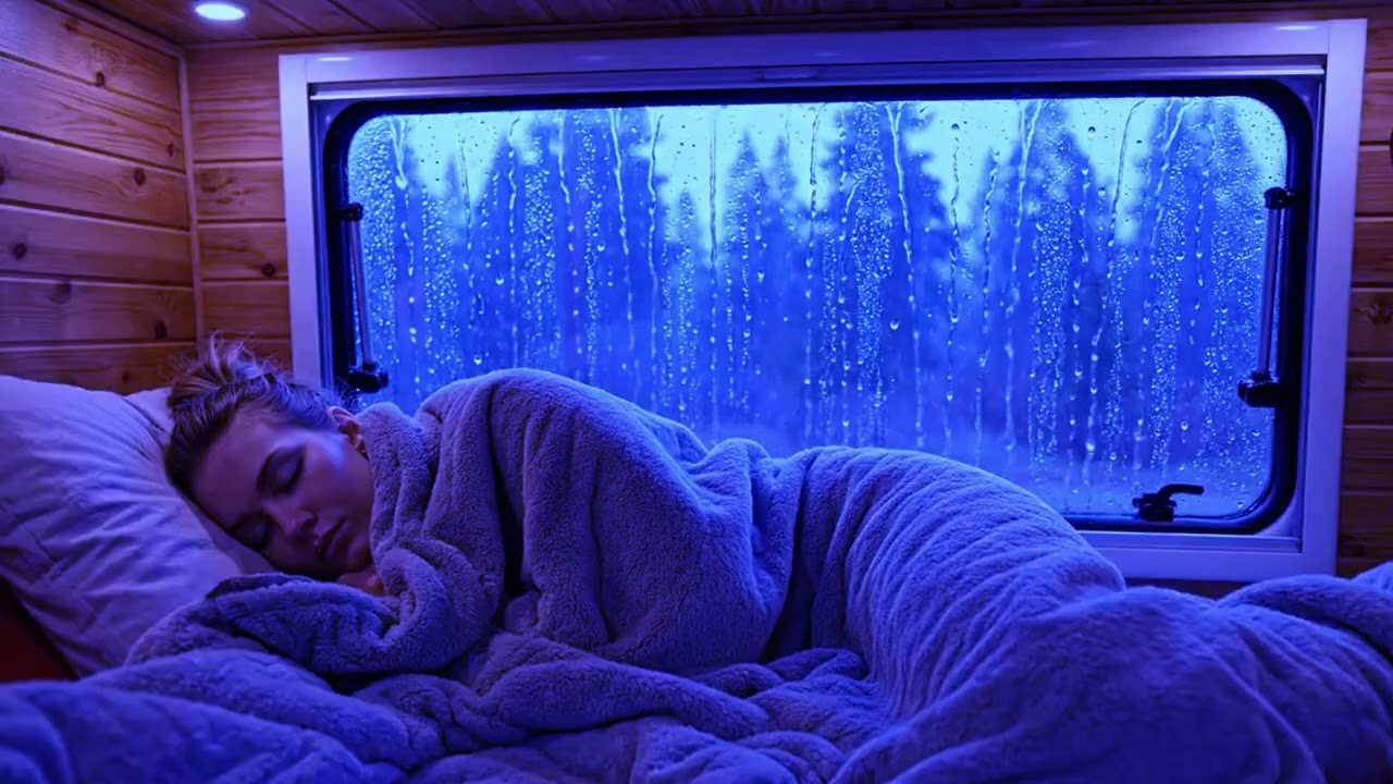 Deep storm night ambience outside camper van surrounded by rain and thunder | rain sounds