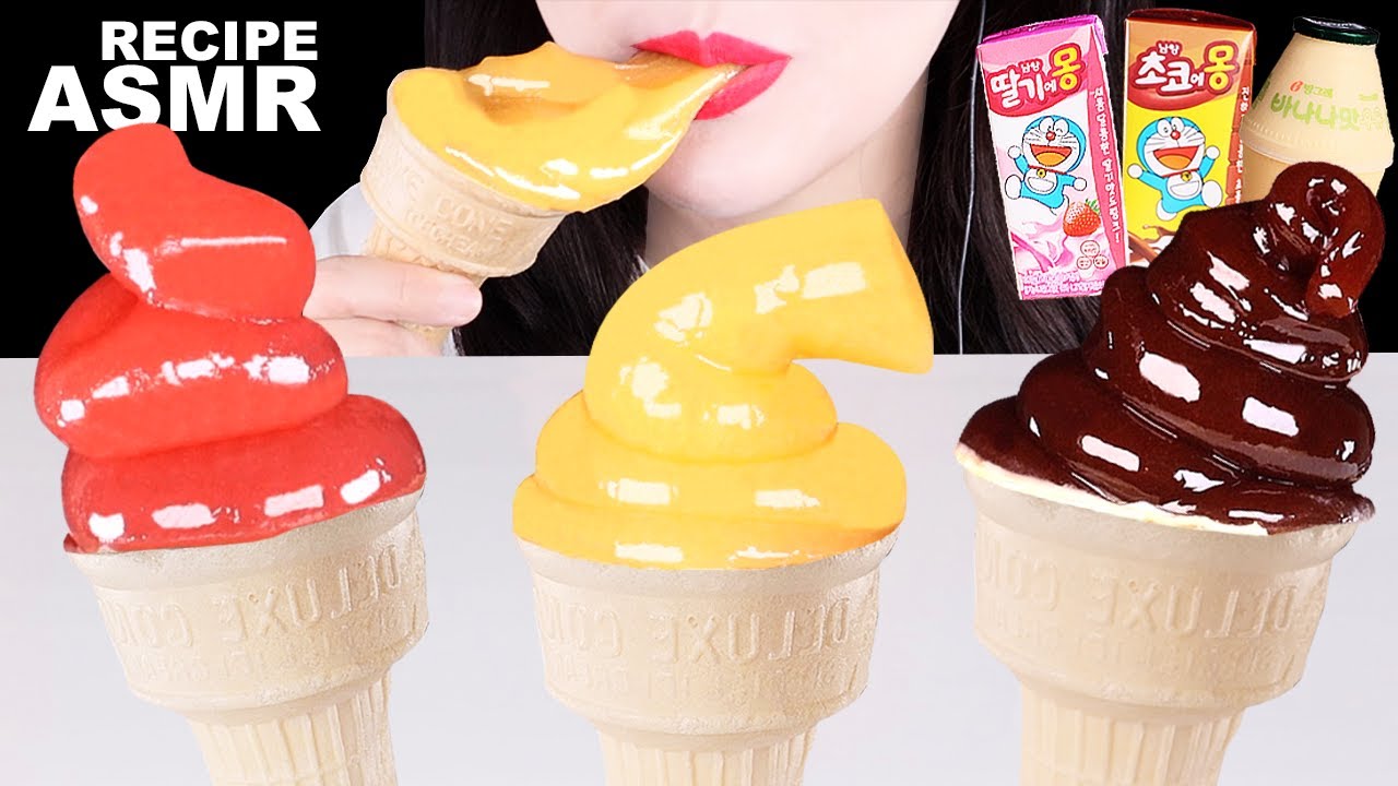 [ASMR RECIPE] MILK HONEY JELLY 우유 꿀젤리 만들기, 바나나우유 초코몽으로 만든 소프트 아이스크림 꿀젤리 먹방 [Thank유CC 영상공모전] MUKBANG