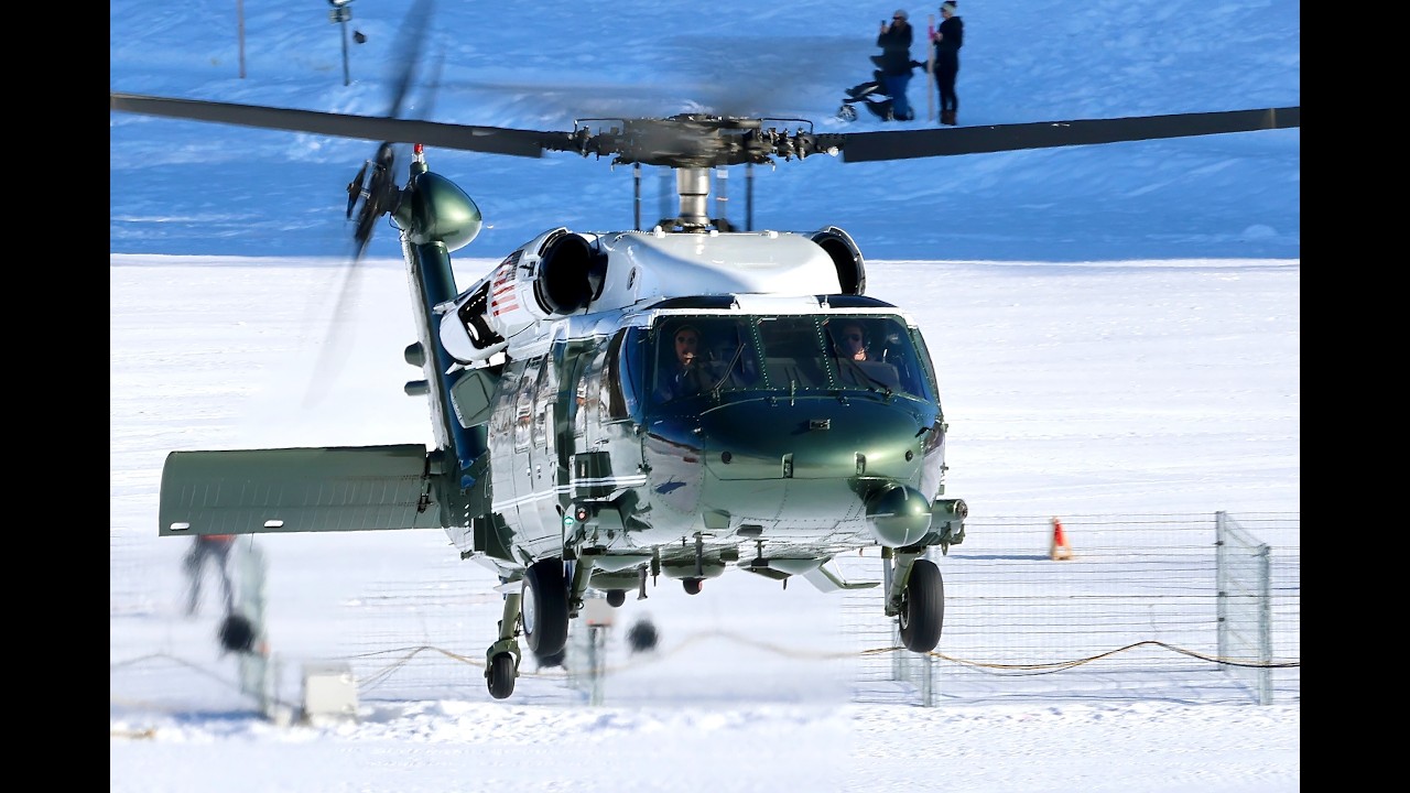 Helicopter convoy with Trump aboard «Marine One» VH 60N White Hawk at WEF Heliport Davos Switzerland