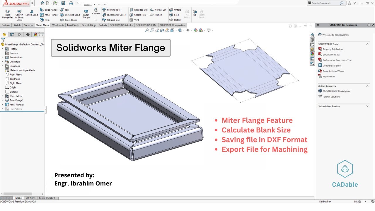 Solidworks Miter Flange | Calculate Blank Size in Solidworks | Export Solidworks File to AutoCAD DXF