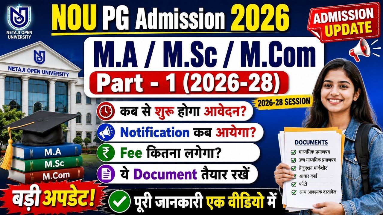NOU PG Admission 2026 | M.A M.Sc M.Com Admission | Online Apply Date, Fee, Documents, Notification