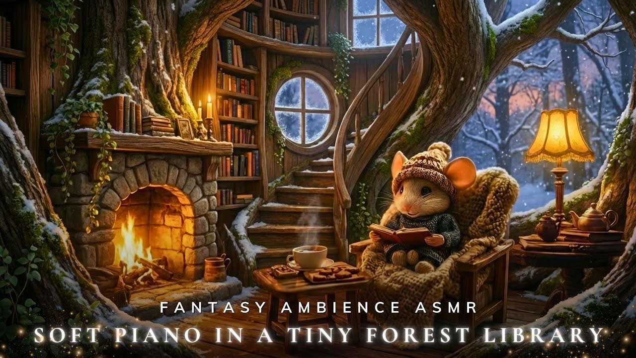 Soft Piano in a Tiny Forest Library 🐭 Cozy Fireplace Ambience for Relaxing, Studying & Reading