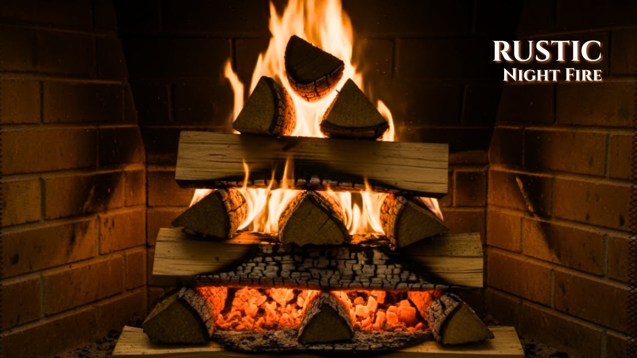 Rustic Brick Fireplace with Strong Flames | Cozy Crackling Fire Background