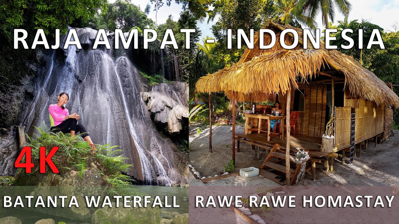 Batanta waterfall, Rawe Rawe homestay, Raja Ampat, Indonesia - drone, accommodation in 4K