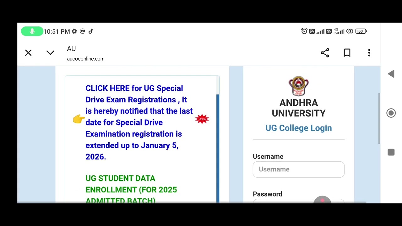 AU degree special drive exams 2025 registration date extended