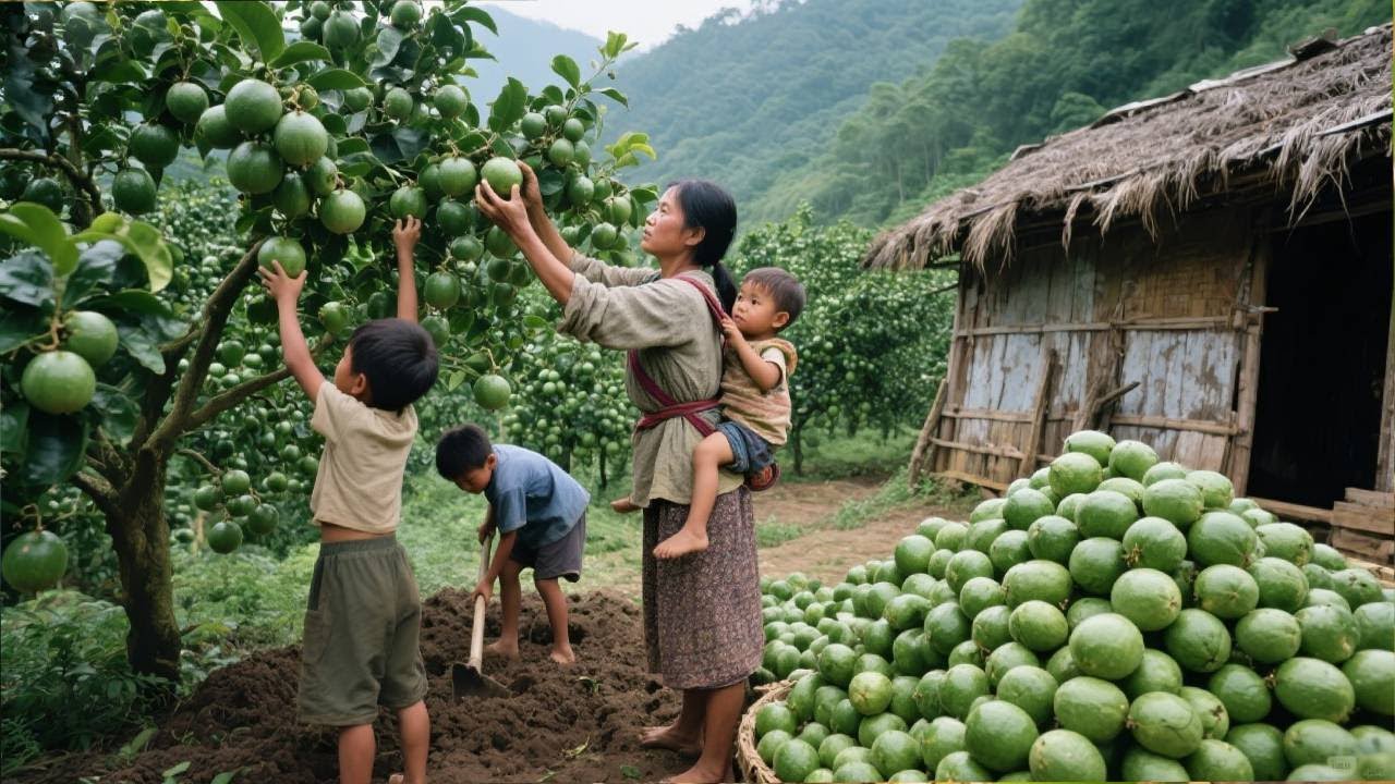 【一家七口隐居深山】今天带几个孩子去种百香果，孩子们都很辛苦，边锄地边摘几个百香果吃！#农村生活#种植