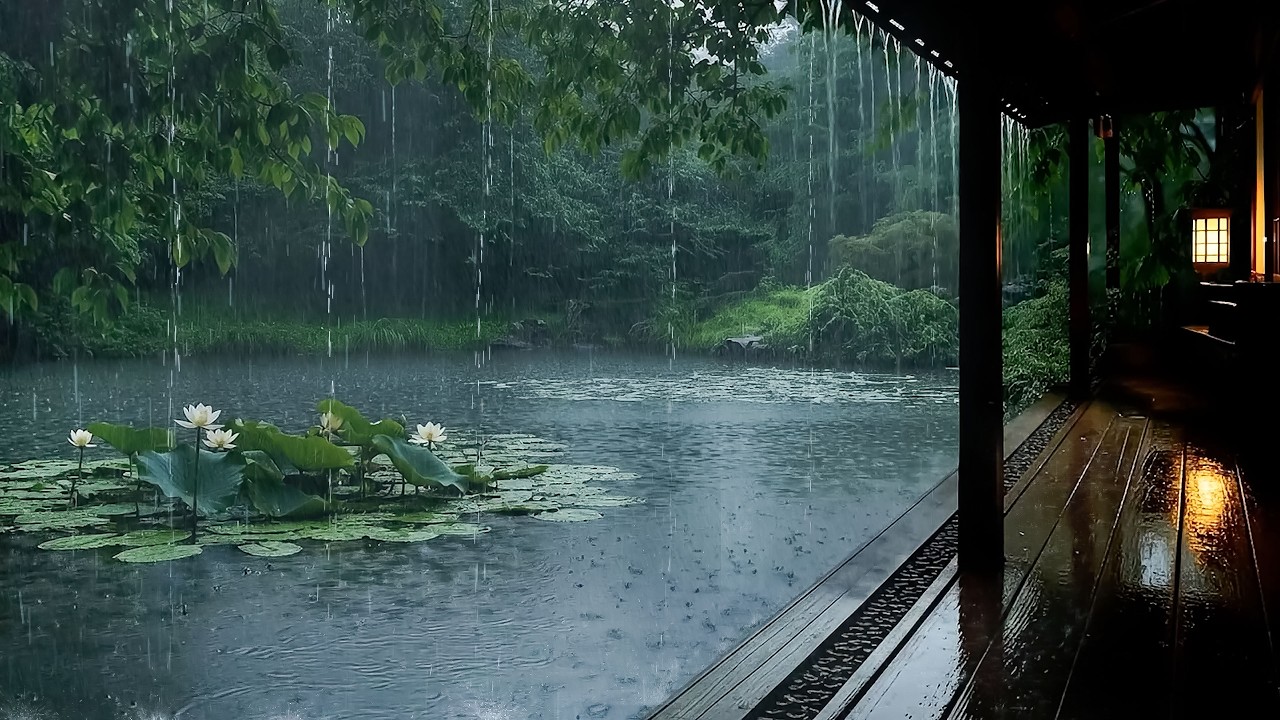 🌧️ Sleep Better on Rainy Night by Lakeside Cabin Porch | Real Forest Rain ASMR