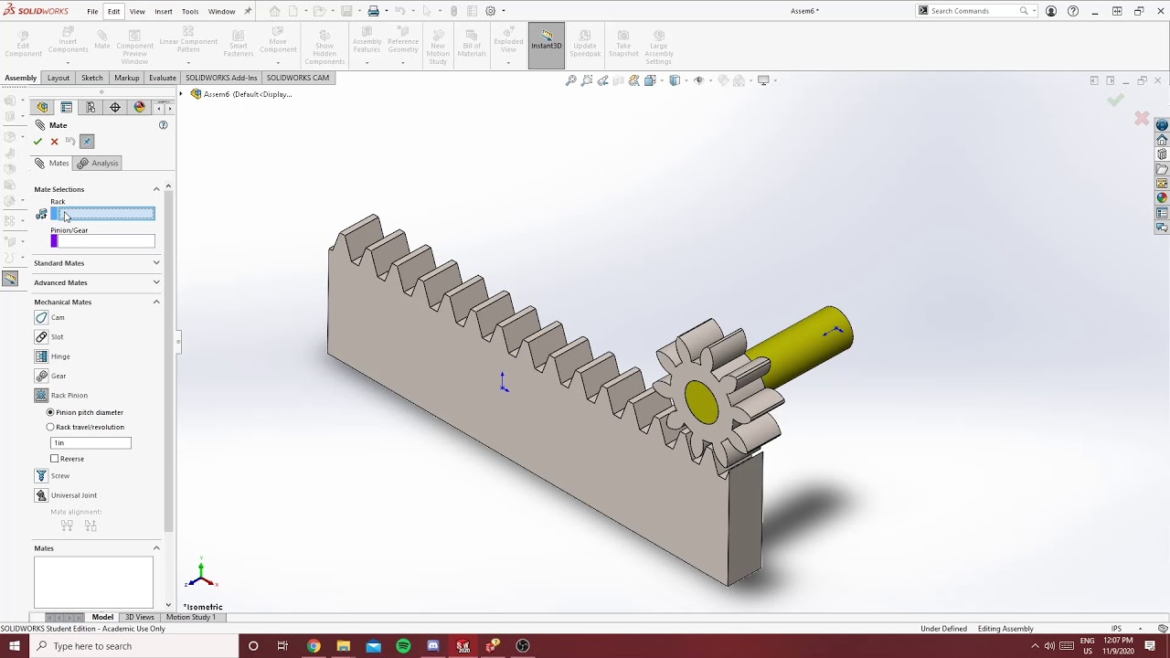 Rack & Pinion Mate - SolidWorks 2020