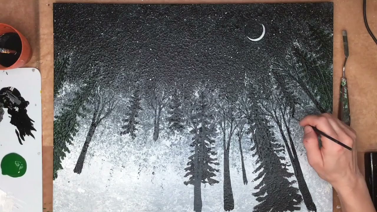 Paint a Forest at Night, Acrylic Artwork Snow Scene, Painting Tutorial, @ArtWithJanineLiza