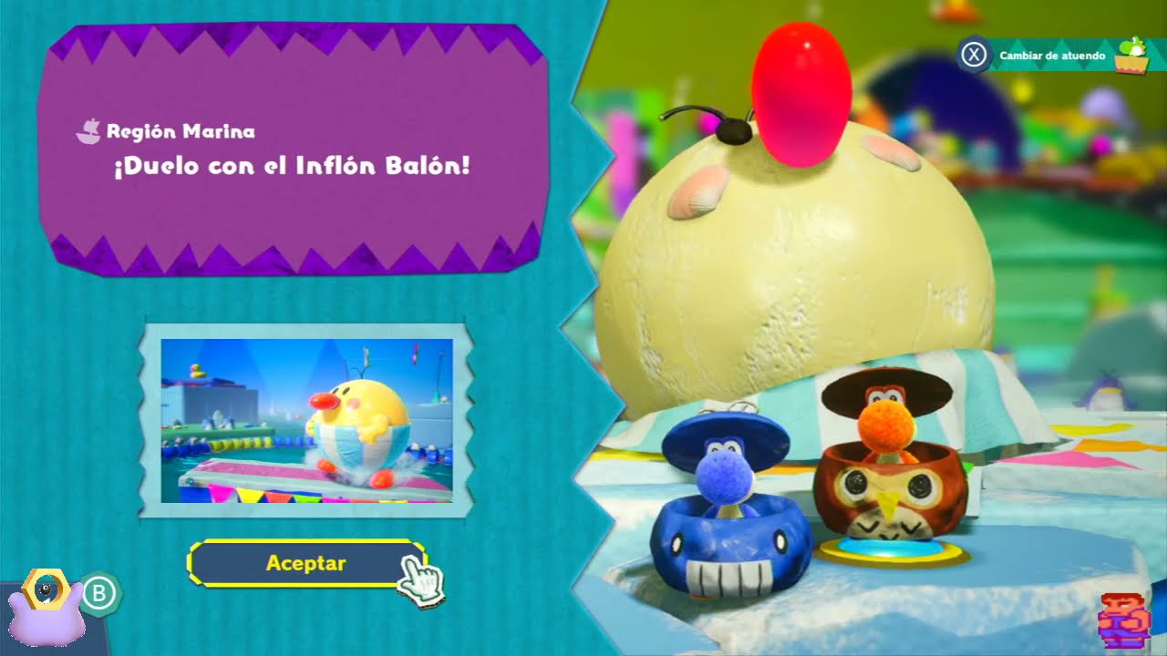 Yoshi's crafted world a 2 jugadores. Duelo con balón inflón en la región marina.