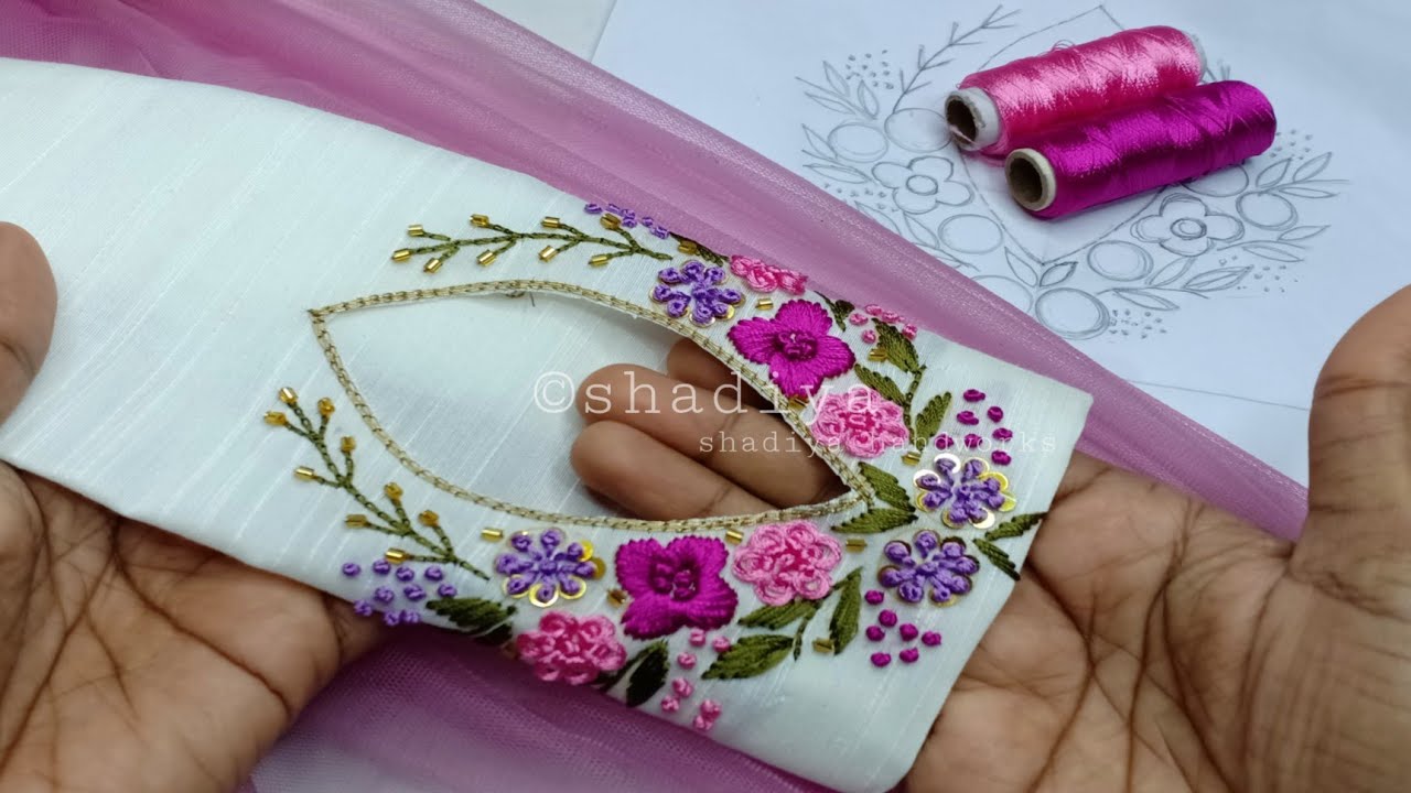 Sleeve embroidery design for kurti blouse|sleeve embroidery with ring knot flower Long french knot