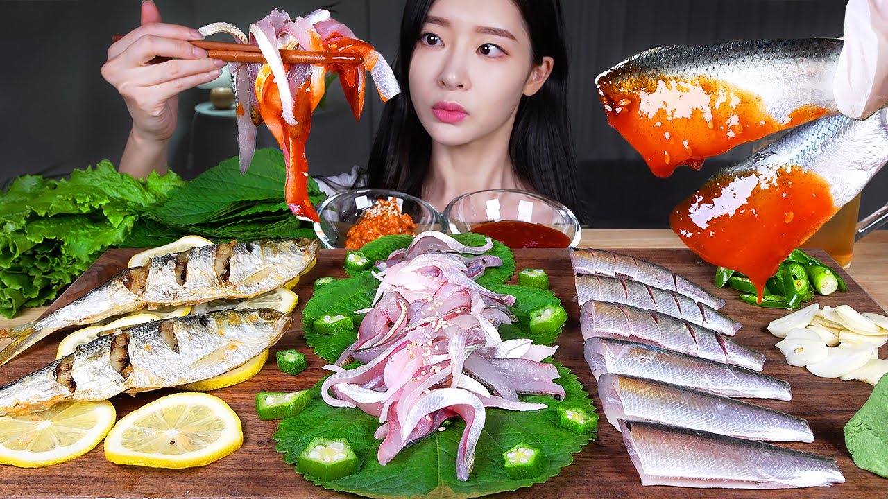 ASMR MUKBANG | Желудок Шад ☆ Жареный желудок Шад 🐟 Вечеринка с сырыми морепродуктами!