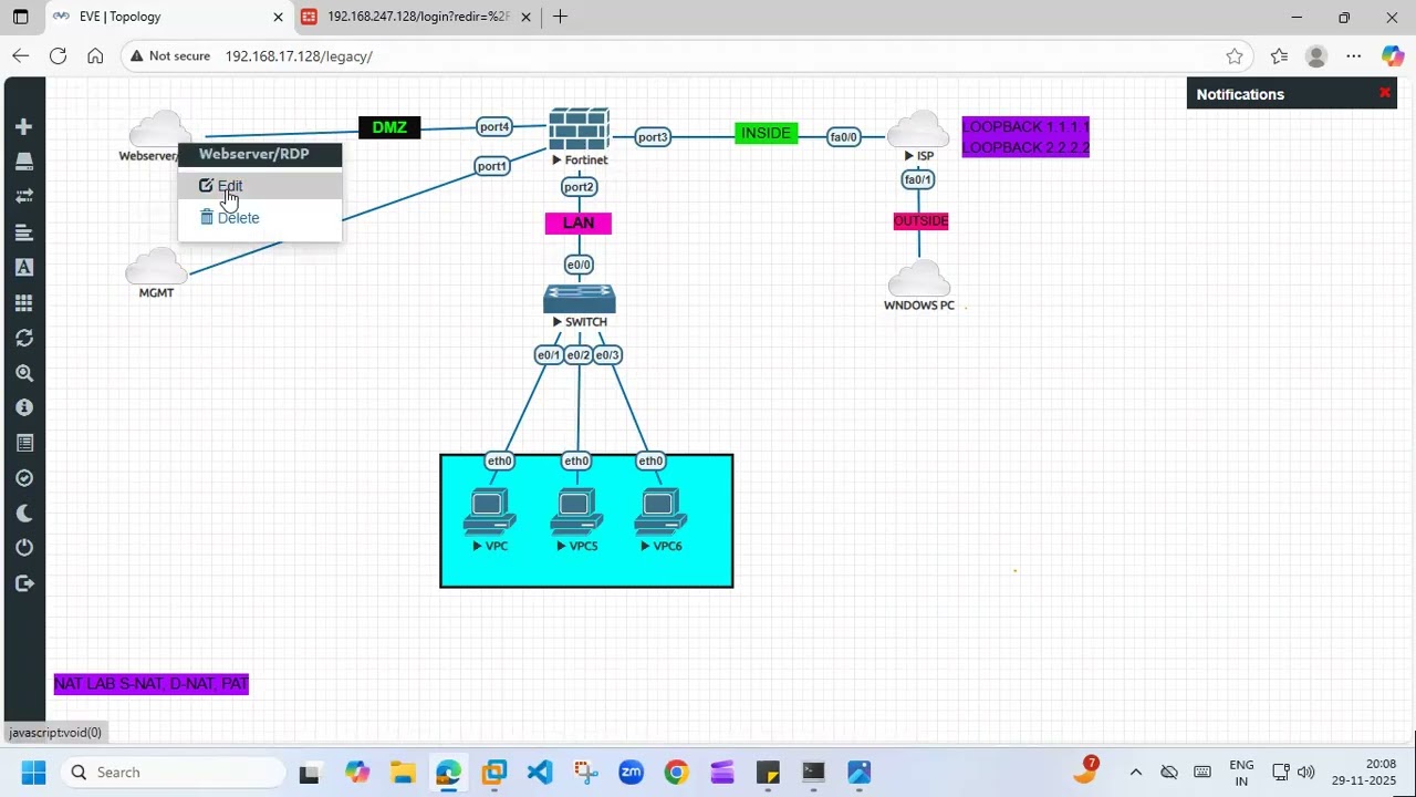 FortiGate Firewall static Nat, dynamic Nat , PAT, source NAT, destination NAT on EVE-NG lab by