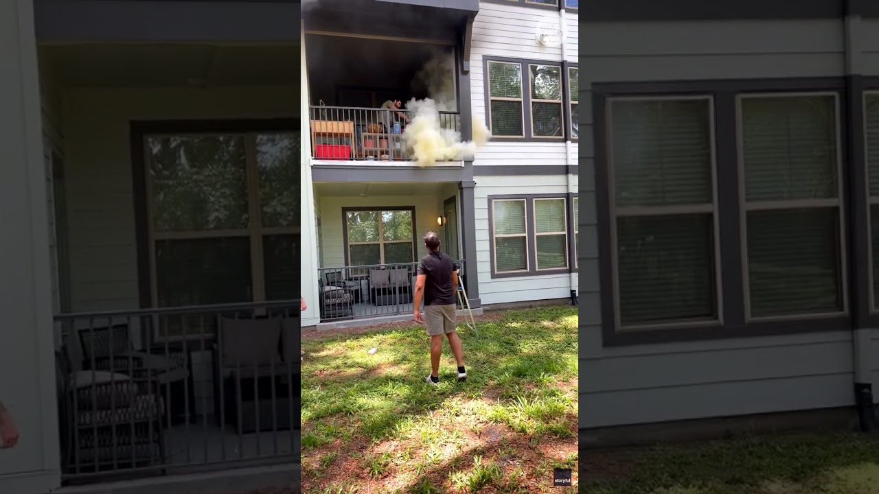 Watch a quick-thinking neighbor extinguish an apartment balcony blaze