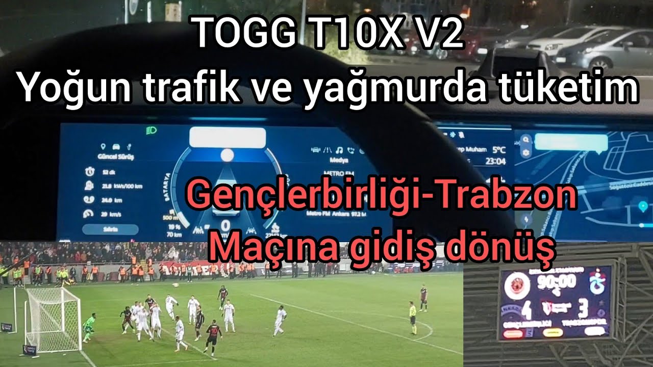 TOGG T10X V2 Kışın yağmurda yoğun trafik tüketim, Gençlerbirliği-Trabzon maçı gidiş dönüş 4-3 yendik
