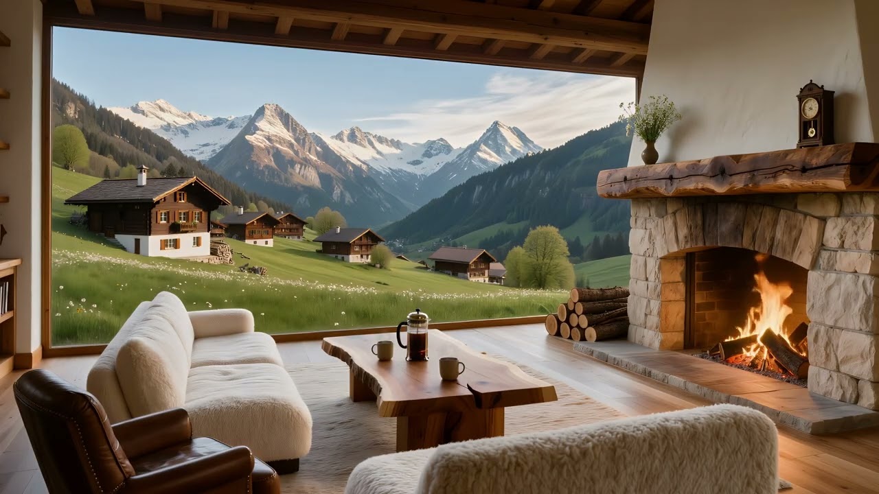 Spring Mountain Fireplace Ambience🔥 | Cozy Chalet Living Room Overlooking a Mountain Village