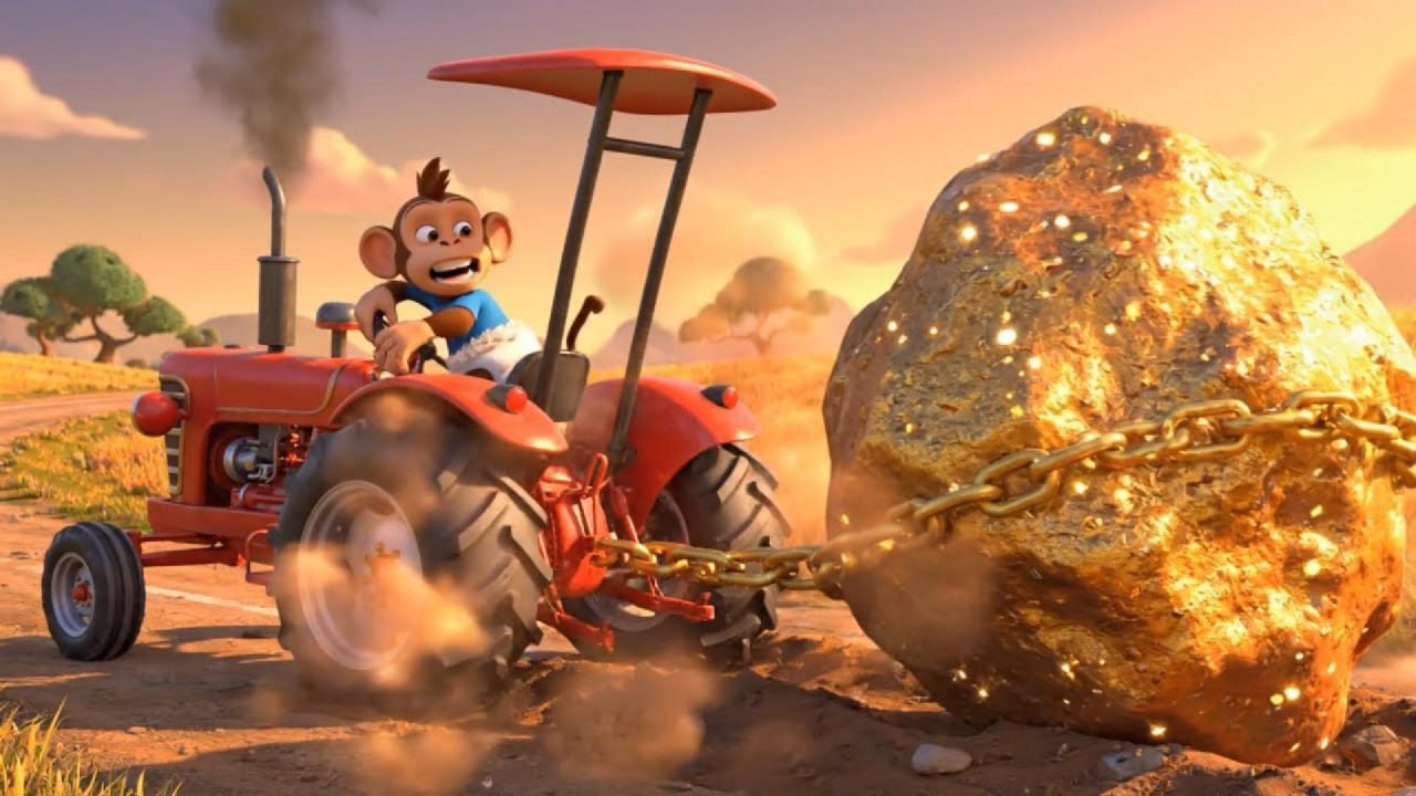 Baby Monkey Tried Pulling a Giant Gold Rock With a Tractor
