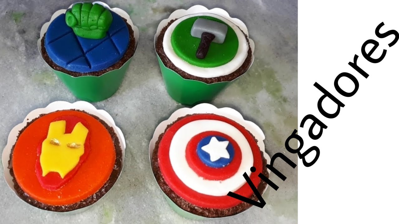 CUPCAKES VINGADORES-HULK, CAPITÃO AMÉRICA, MARTELO DO THOR,HOMEM DE FERRO/PASTA DE LEITE