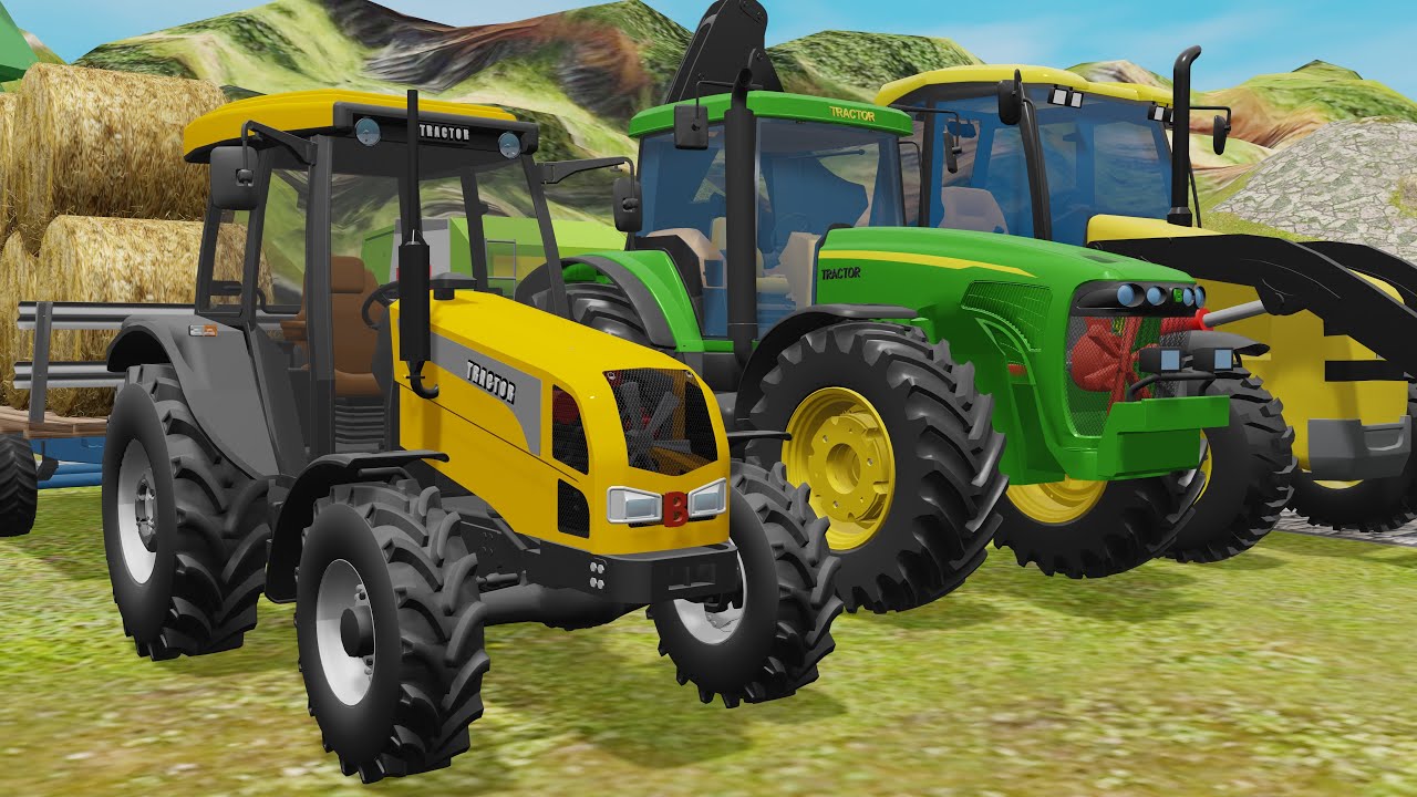 Two Tractors at Work & Farm Power Raking, Baling and Loading Straw Bales - Two Tractors, One Goal
