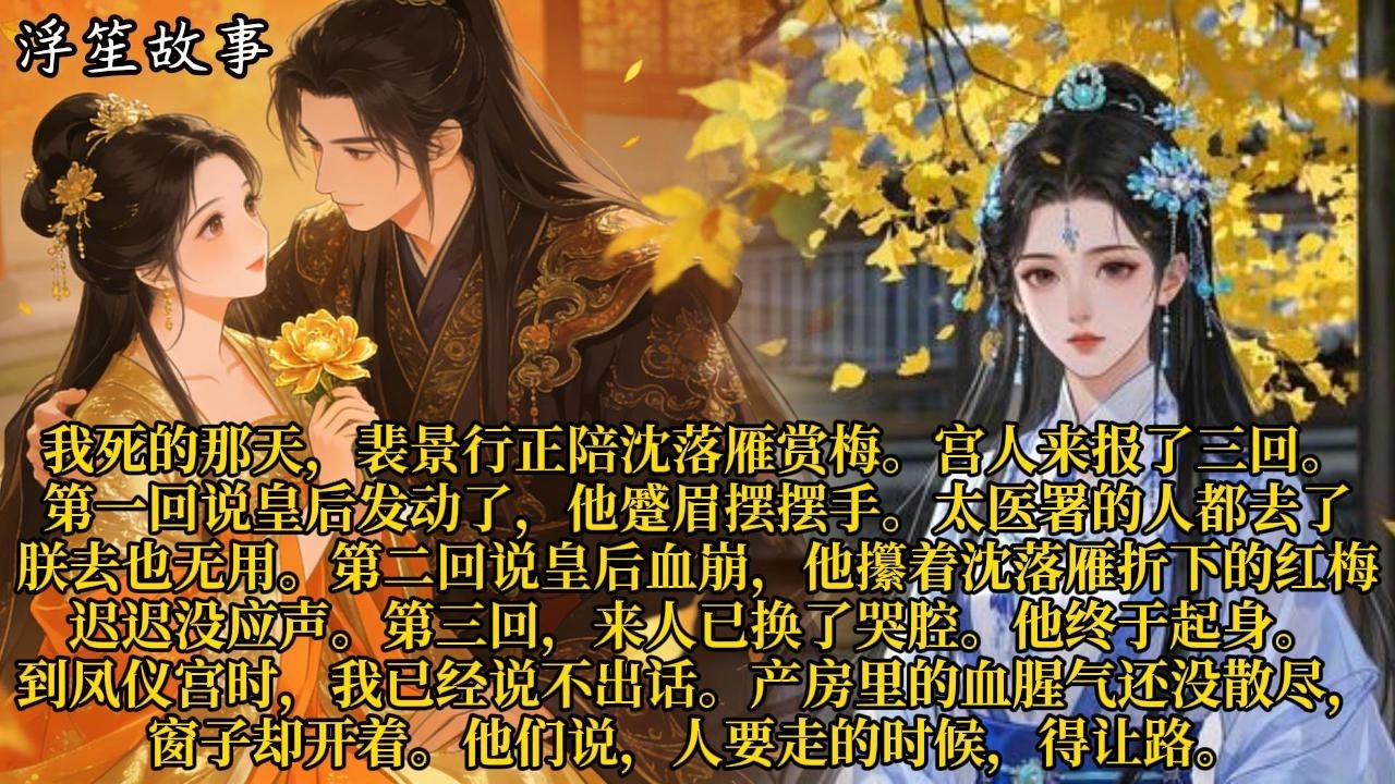 我死的那天，裴景行正陪沈落雁赏梅。宫人来报了三回。第一回说皇后发动了，他蹙眉摆摆手。#重生 #大女主 #复仇 #宫廷 #夺权 #古风 #小说