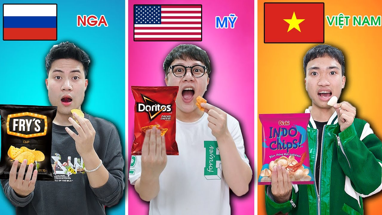 Thử Thách Ăn Snack Theo Hình Lá Cờ Các Nước (bim bim vòng quanh thế giới)