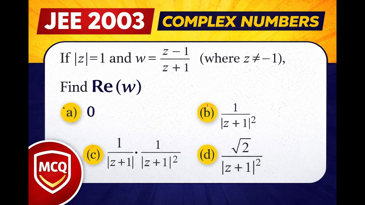 JEE Complex Numbers PYQ  If |z| = 1, Find Re[(z − 1)/(z + 1)] #jeeproblems #complexnumbers