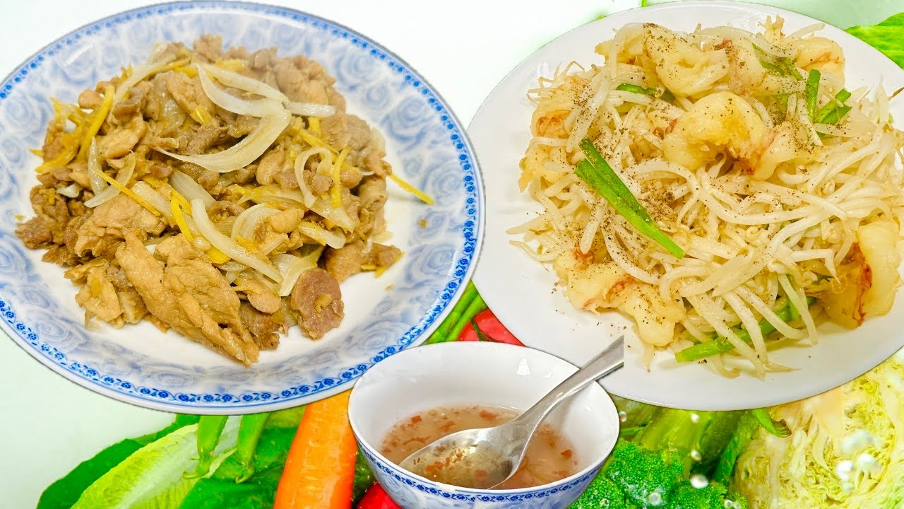 Nấu cơm trưa với hai món nhanh gọn lẹ thịt heo xào gừng và giá he xào tôm