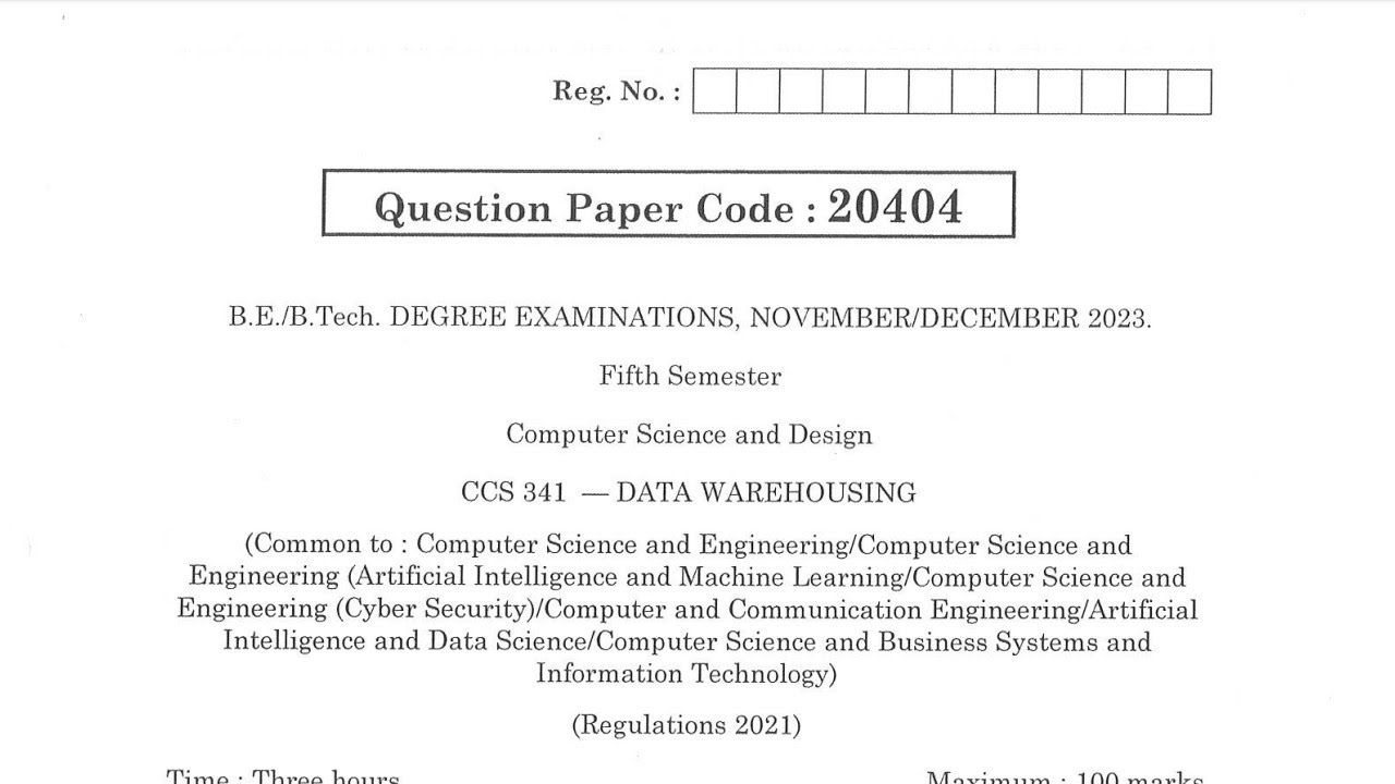 CCS341 | Data Warehousing | Nov Dec 2023 | Anna University | Questions