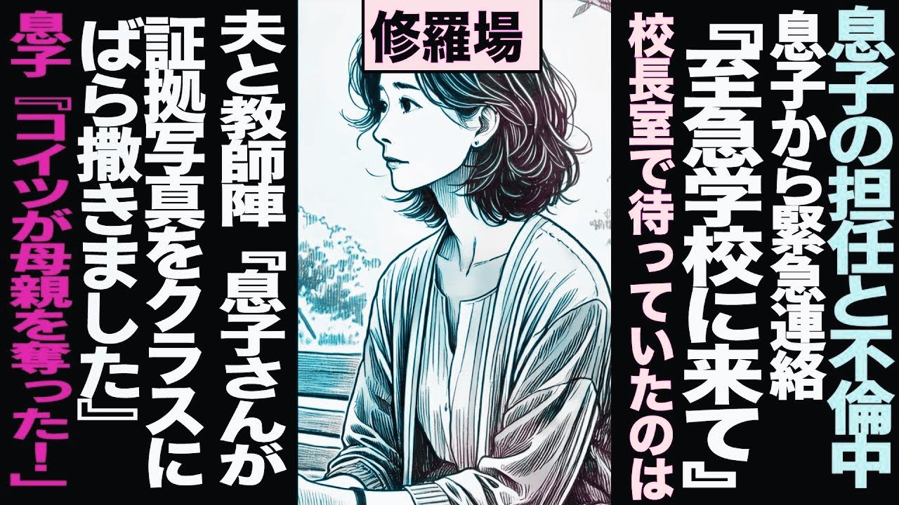 【漫画】『息子の担任と不倫中』→息子から緊急連絡『至急学校に来て』→校長室で待っていたのは夫と教師陣『息子さんが証拠写真をクラスにばら撒きました』→息子『コイツが母親を奪った！」...(修羅場)