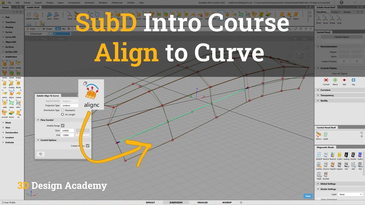 Учебные пособия по Autodesk Alias, Введение в SubD 18 - Выравнивание по кривой